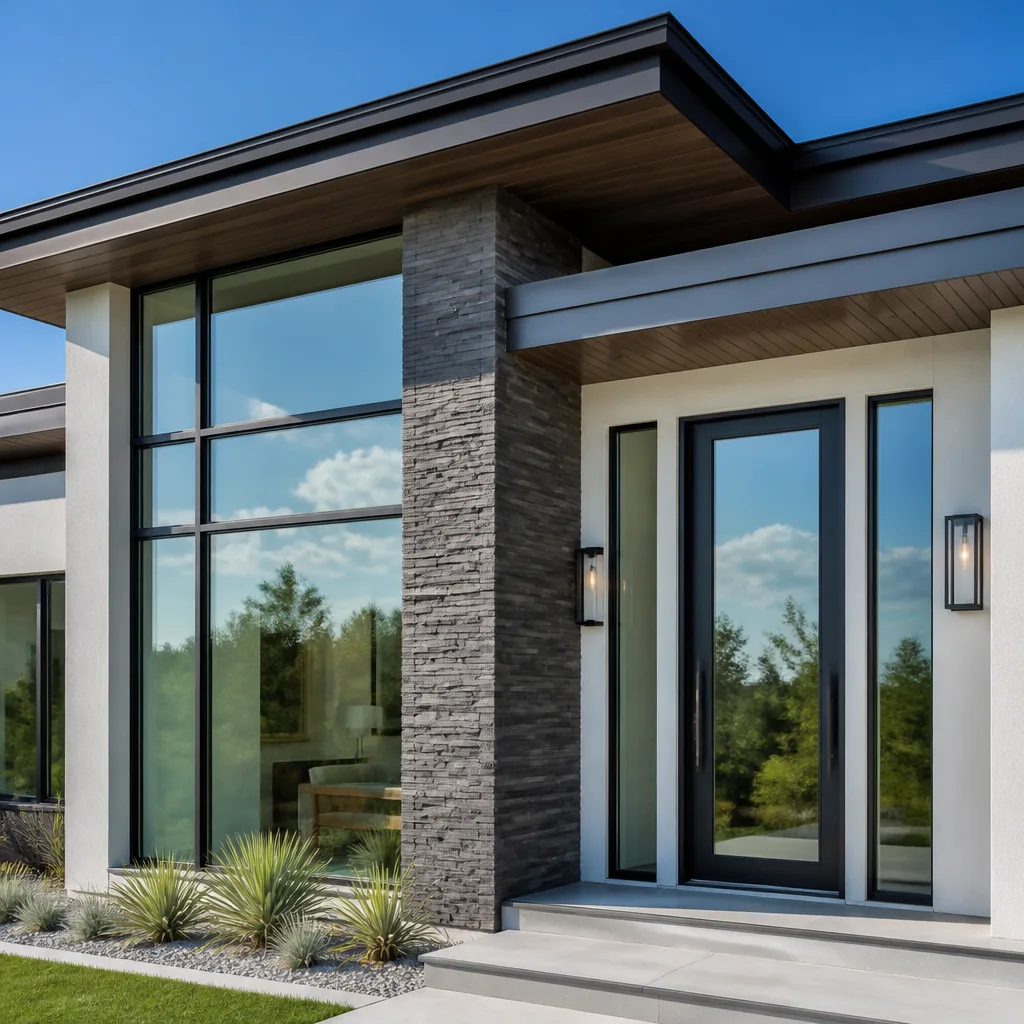 Modern house facade featuring newly installed black front door and windows