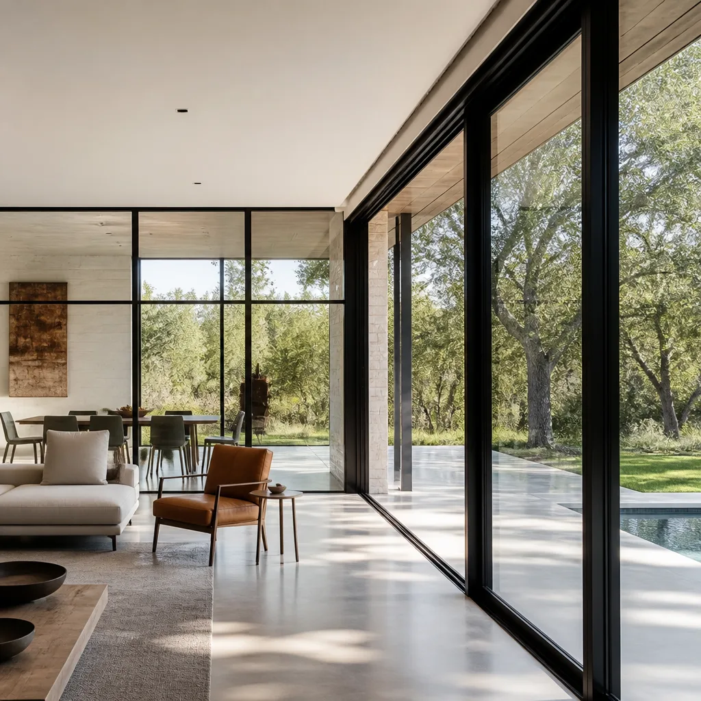 Modern floor-to-ceiling glass sliding doors opening to a scenic outdoor patio.