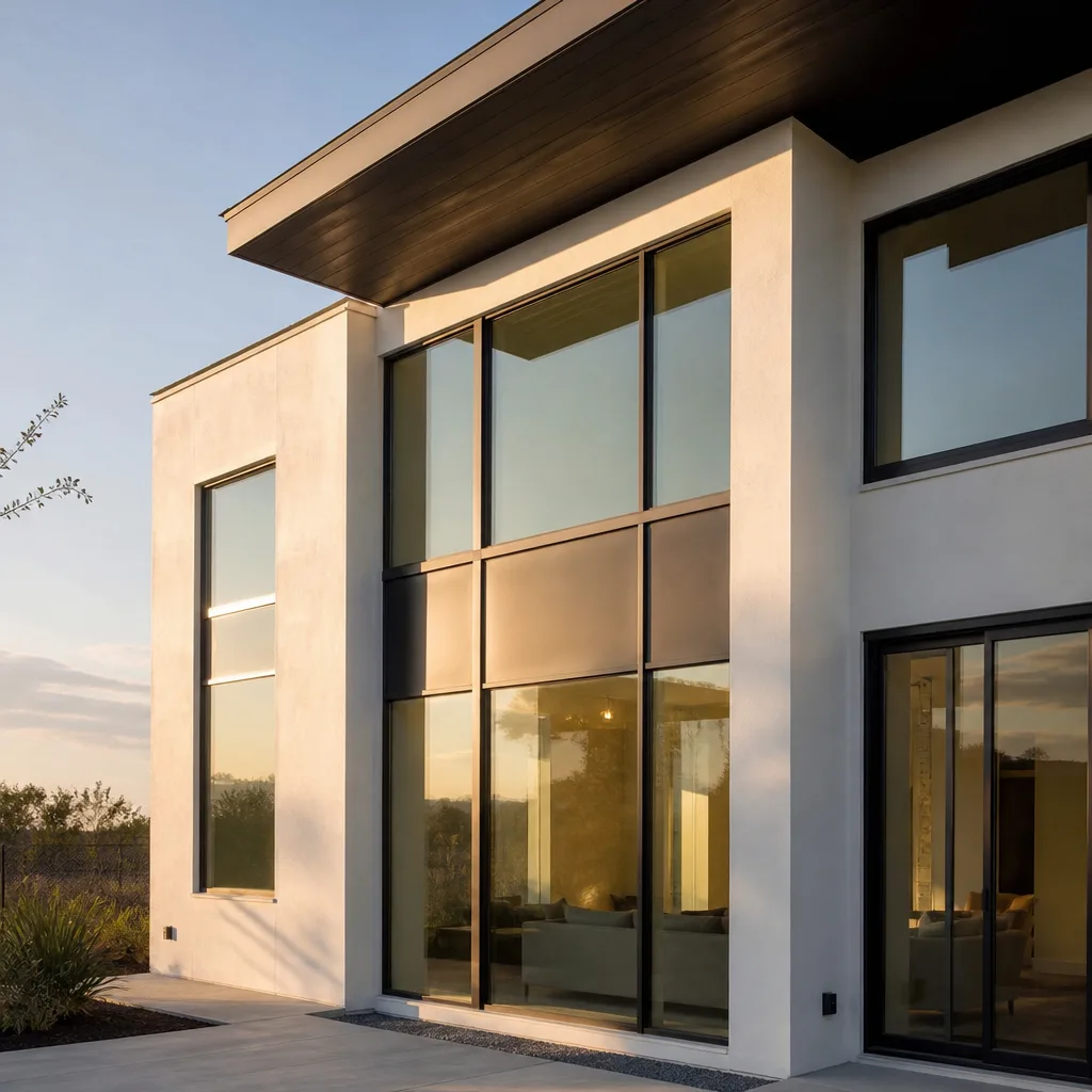 Modern house exterior featuring custom floor-to-ceiling window and door installations