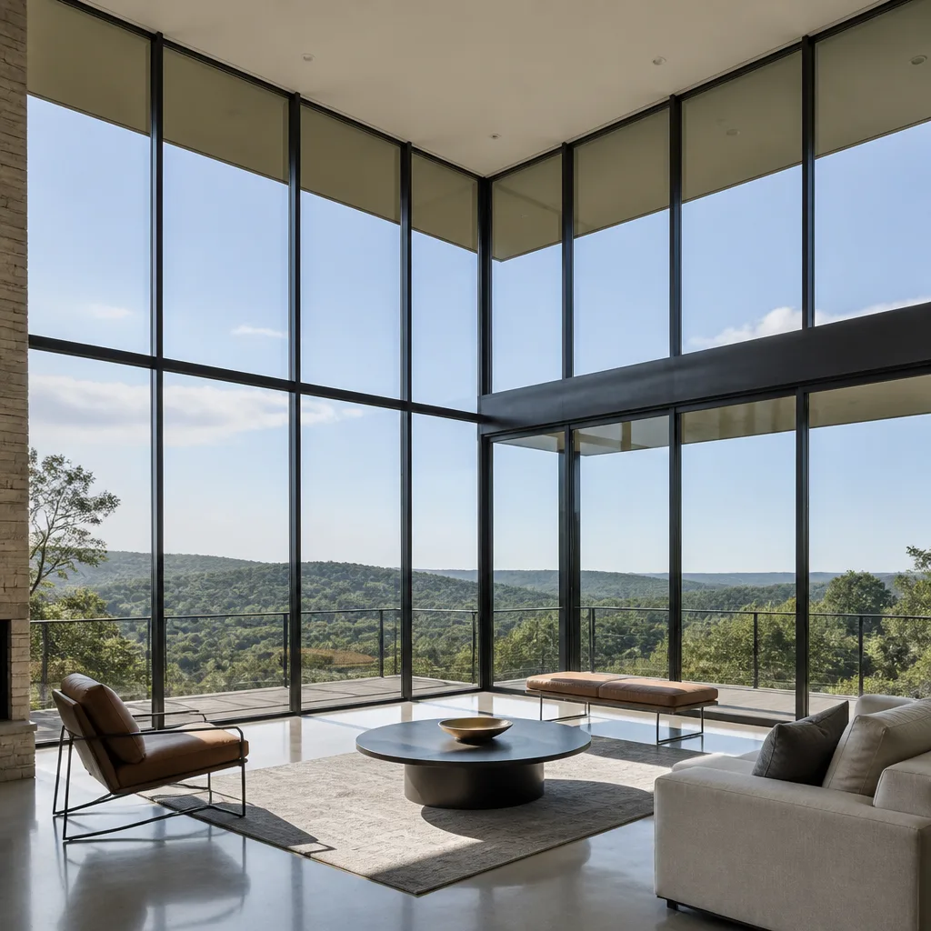 Modern floor-to-ceiling panoramic window installation in a contemporary home.