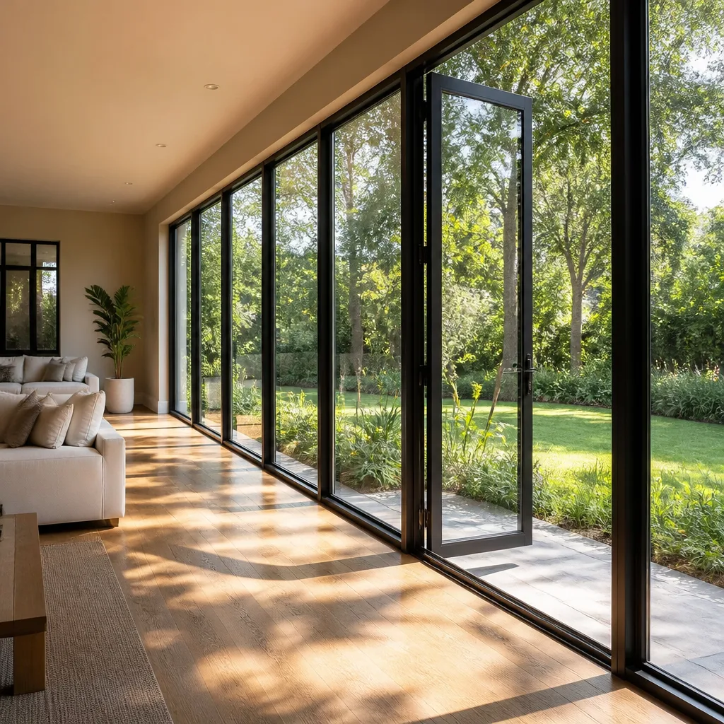 Modern floor-to-ceiling black frame windows and patio door installed in living room