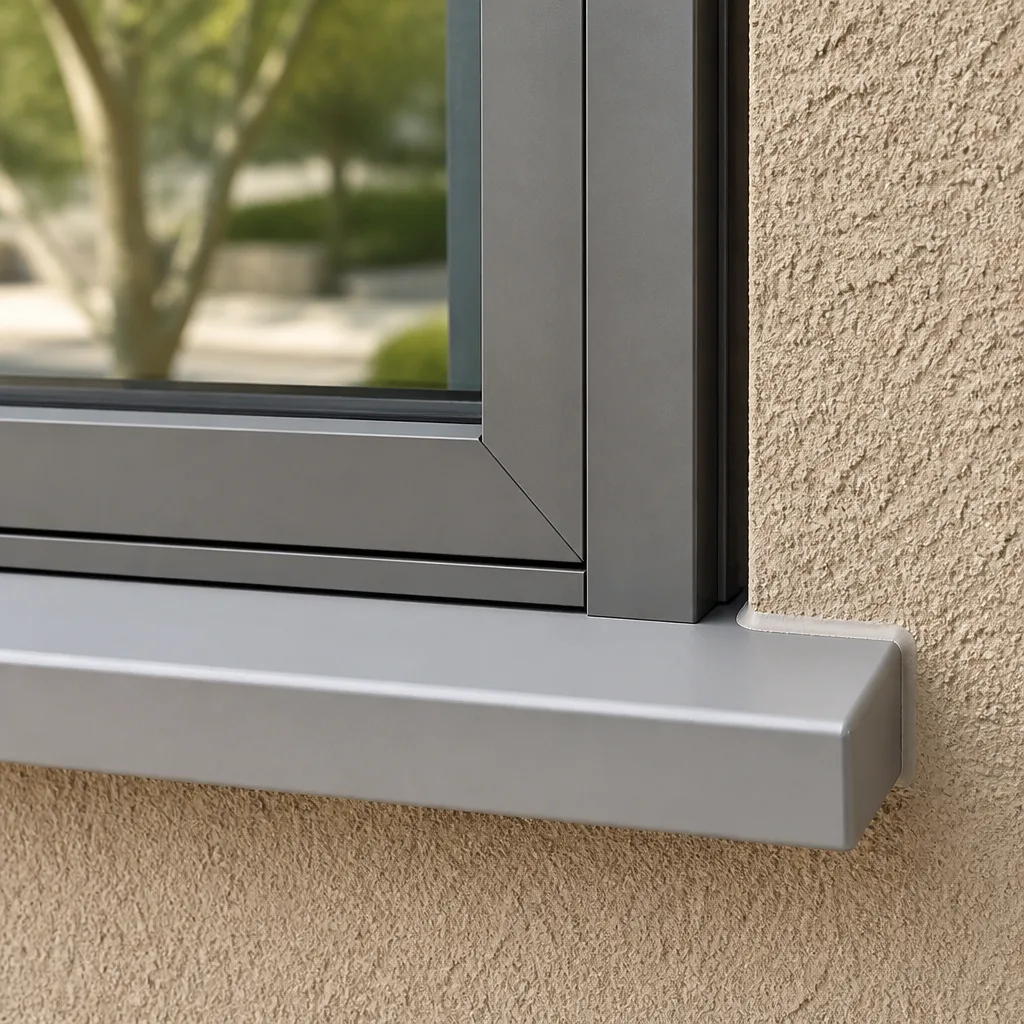 Modern aluminum window frame and metal sill installed in stucco wall.