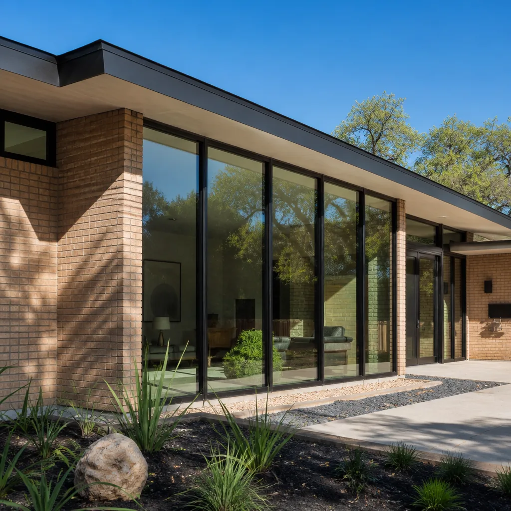 Modern home exterior with large energy-efficient replacement windows and glass doors