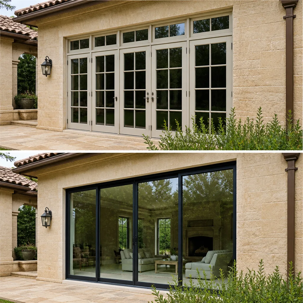 Home exterior showing a window and door replacement transformation